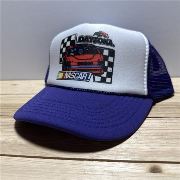 Vintage NASCAR Daytona Racing Trucker Hat Purple Mesh Snapback 80s Cap Car Fans - Picture 3 of 6